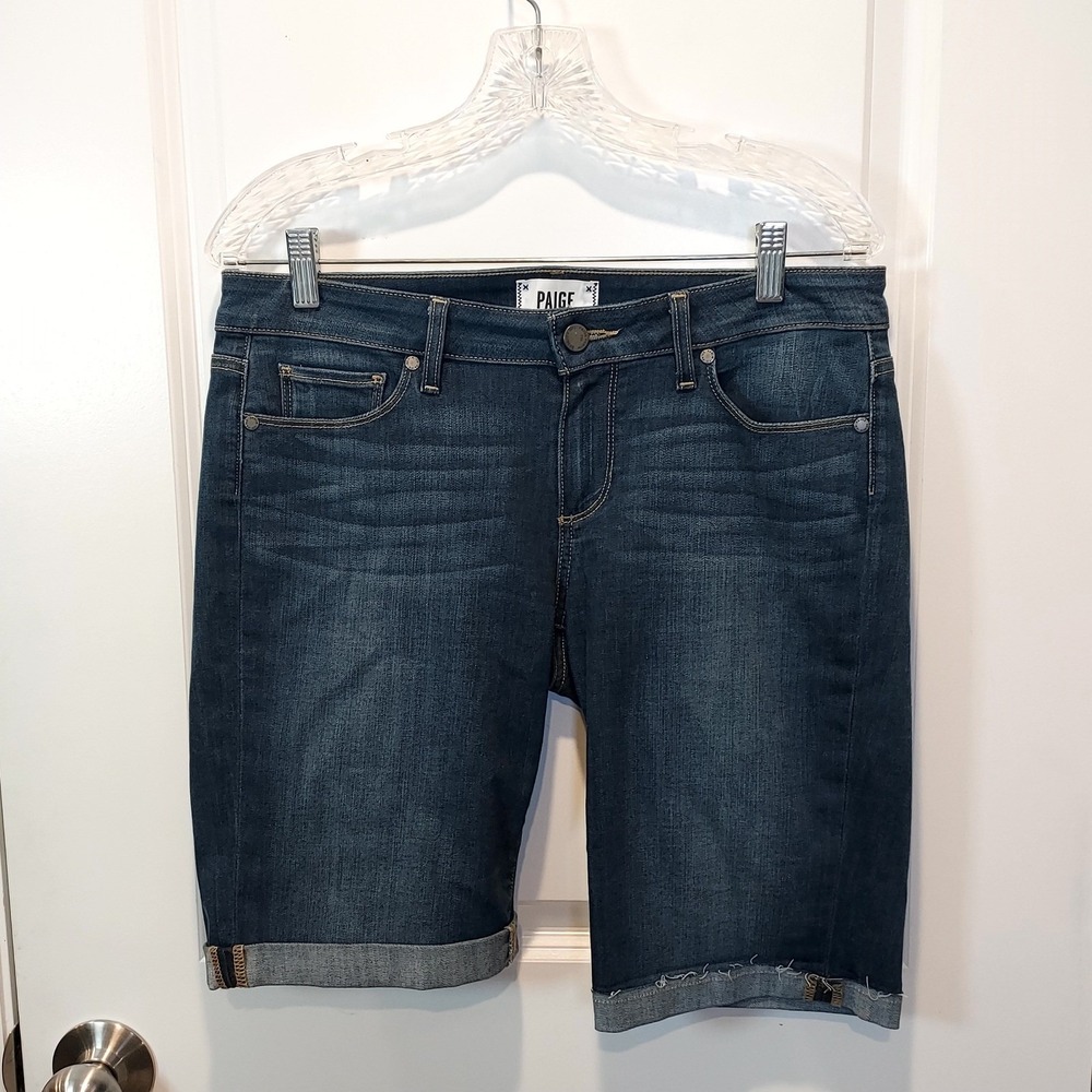 Paige Womens Denim Shorts Cuffed Raw Hem Dark Wash Blue Size 28